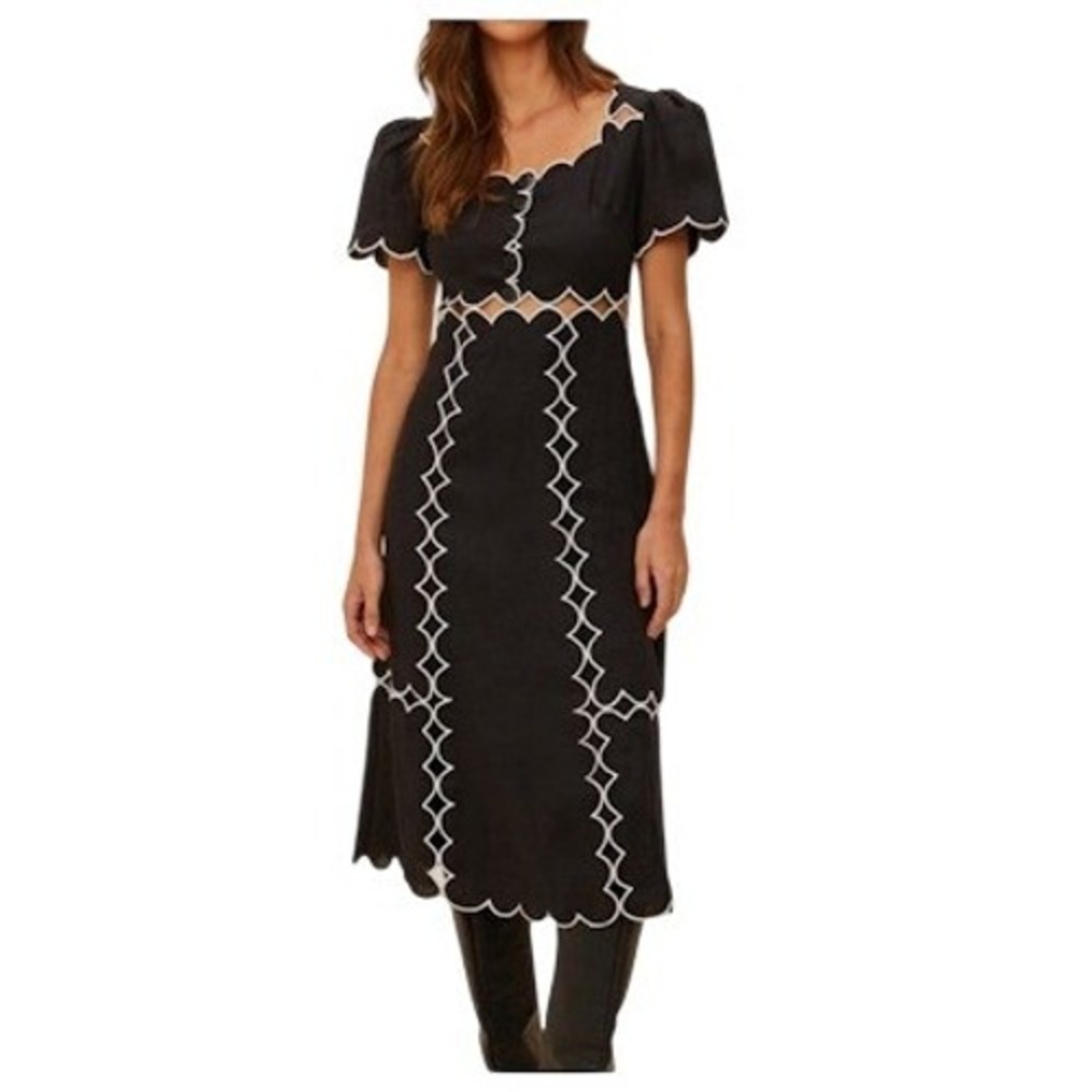 Farm Rio Black Short 100% Linen Sleeve Maxi Dress Scalloped Trim Cutout XXS NEW
